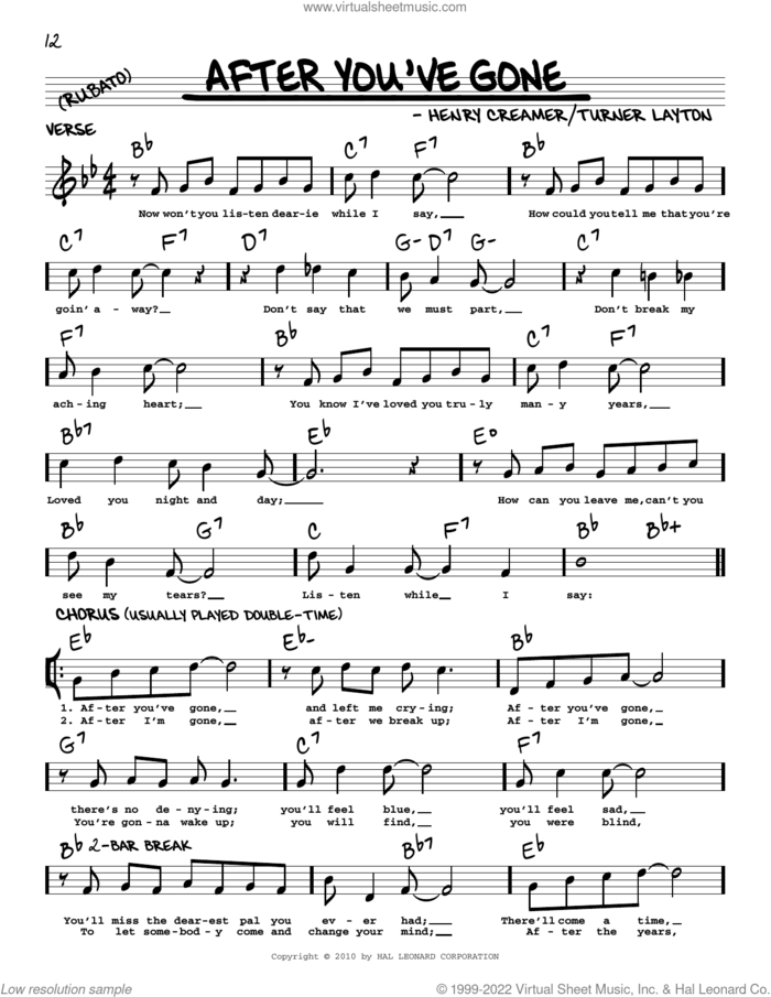 After You've Gone (arr. Robert Rawlins) sheet music for voice and other instruments (real book with lyrics) by Sophie Tucker, Robert Rawlins, Henry Creamer and Turner Layton, intermediate skill level