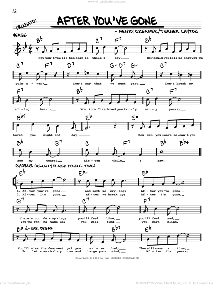 After You've Gone (arr. Robert Rawlins) sheet music for voice and other instruments (real book with lyrics) by Sophie Tucker, Robert Rawlins, Henry Creamer and Turner Layton, intermediate skill level