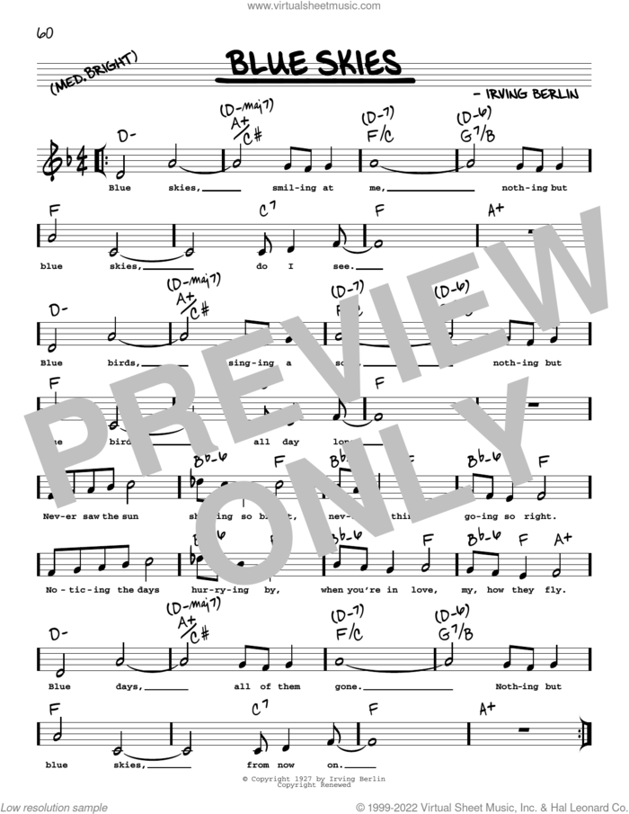 Blue Skies (arr. Robert Rawlins) sheet music for voice and other instruments (real book with lyrics) by Willie Nelson, Robert Rawlins and Irving Berlin, intermediate skill level