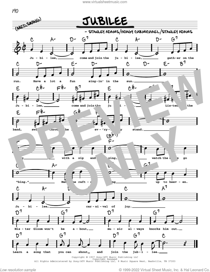 Jubilee (arr. Robert Rawlins) sheet music for voice and other instruments (real book with lyrics) by Stanley Adams, Robert Rawlins and Hoagy Carmichael, intermediate skill level