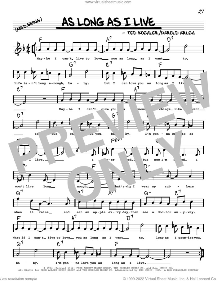 As Long As I Live (arr. Robert Rawlins) sheet music for voice and other instruments (real book with lyrics) by Jack Teagarden, Robert Rawlins, Harold Arlen and Ted Koehler, intermediate skill level