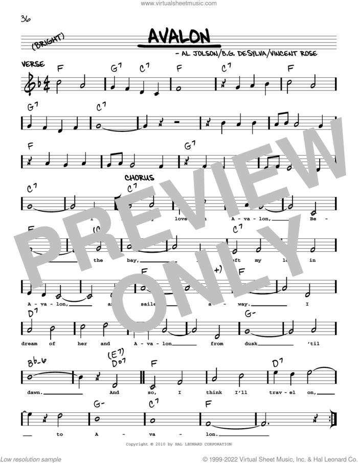 Avalon (arr. Robert Rawlins) sheet music for voice and other instruments (real book with lyrics) by Al Jolson, Robert Rawlins, Buddy DeSylva and Vincent Rose, intermediate skill level