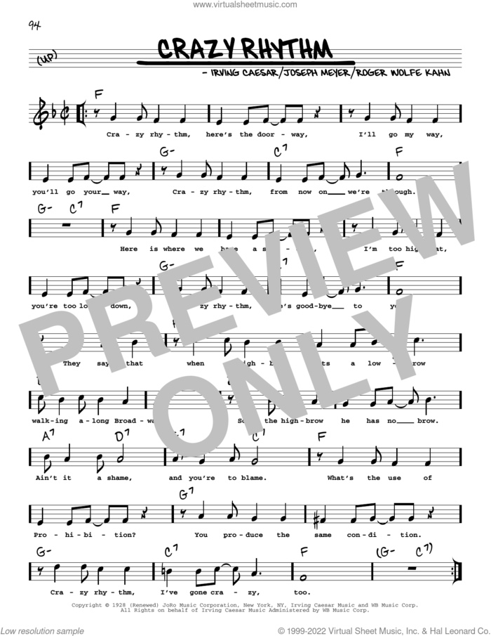 Crazy Rhythm (arr. Robert Rawlins) sheet music for voice and other instruments (real book with lyrics) by Ben Bernie, Robert Rawlins, Irving Caesar, Joseph Meyer and Roger Wolfe Kahn, intermediate skill level