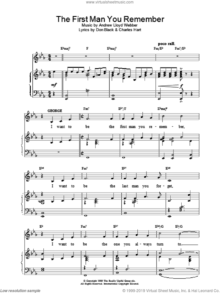The First Man You Remember (from Aspects Of Love) sheet music for voice, piano or guitar by Andrew Lloyd Webber, Aspects Of Love (Musical), Charles Hart and Don Black, intermediate skill level