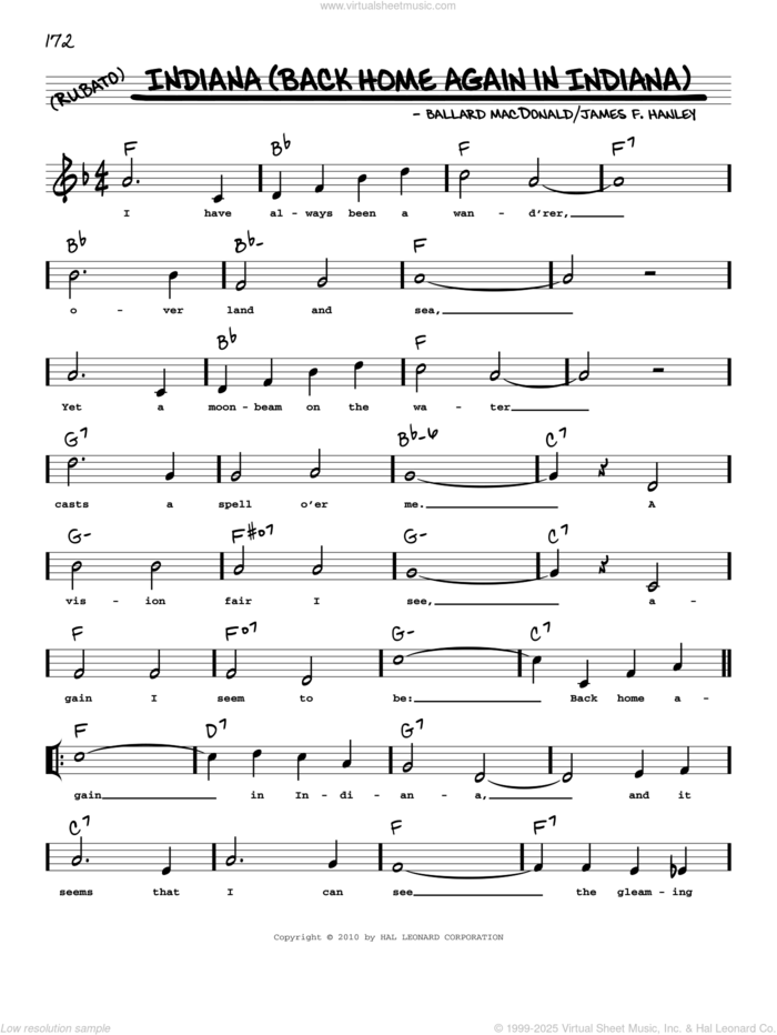 Indiana (Back Home Again In Indiana) (arr. Robert Rawlins) sheet music for voice and other instruments (real book with lyrics) by Ballard MacDonald, Robert Rawlins and James Hanley, intermediate skill level