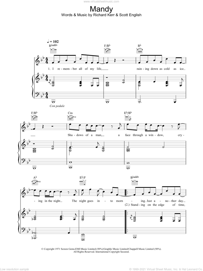 Mandy sheet music for voice, piano or guitar by Westlife, intermediate skill level