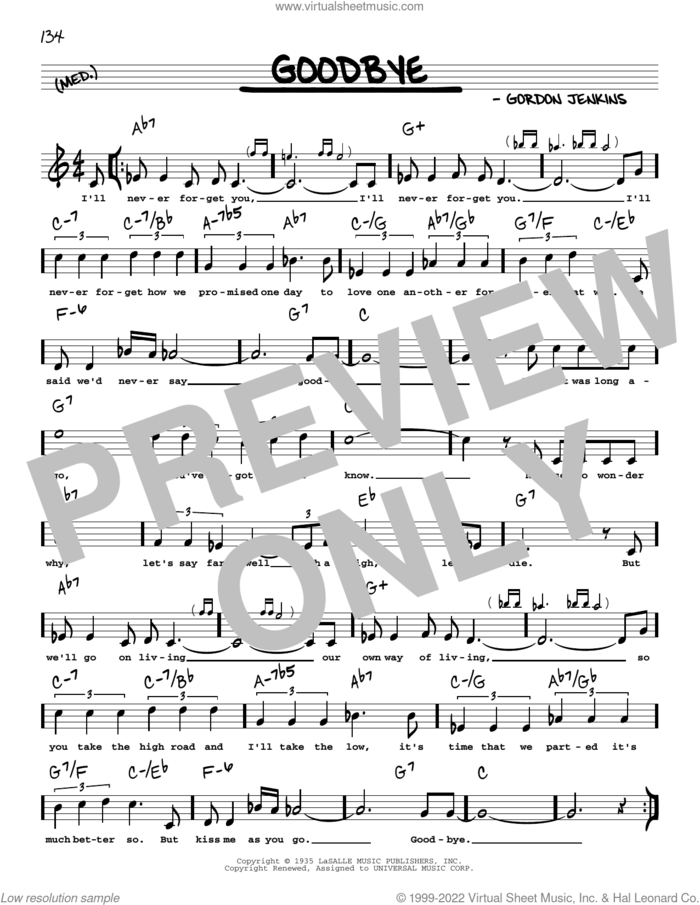 Goodbye (arr. Robert Rawlins) sheet music for voice and other instruments (real book with lyrics) by Gordon Jenkins, Robert Rawlins, Benny Goodman, Linda Ronstadt and Rosemary Clooney, intermediate skill level