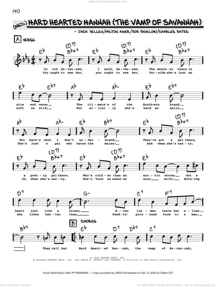 Hard Hearted Hannah (The Vamp Of Savannah) (arr. Robert Rawlins) sheet music for voice and other instruments (real book with lyrics) by Jack Yellen, Robert Rawlins, Bob Bigelow, Charles Bates and Milton Ager, intermediate skill level