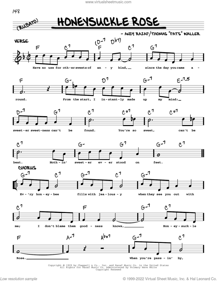 Honeysuckle Rose (arr. Robert Rawlins) sheet music for voice and other instruments (real book with lyrics) by Django Reinhardt, Robert Rawlins, Andy Razaf and Thomas Waller, intermediate skill level