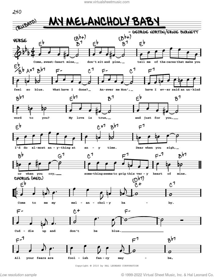 My Melancholy Baby (arr. Robert Rawlins) sheet music for voice and other instruments (real book with lyrics) by George A. Norton, Robert Rawlins and Ernie Burnett, intermediate skill level