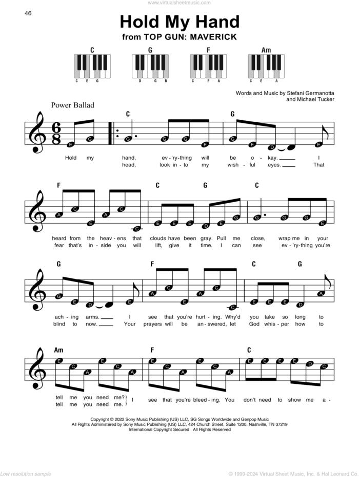 Hold My Hand (from Top Gun: Maverick), (beginner) sheet music for piano solo by Lady Gaga and Michael Tucker p/k/a BloodPop, beginner skill level
