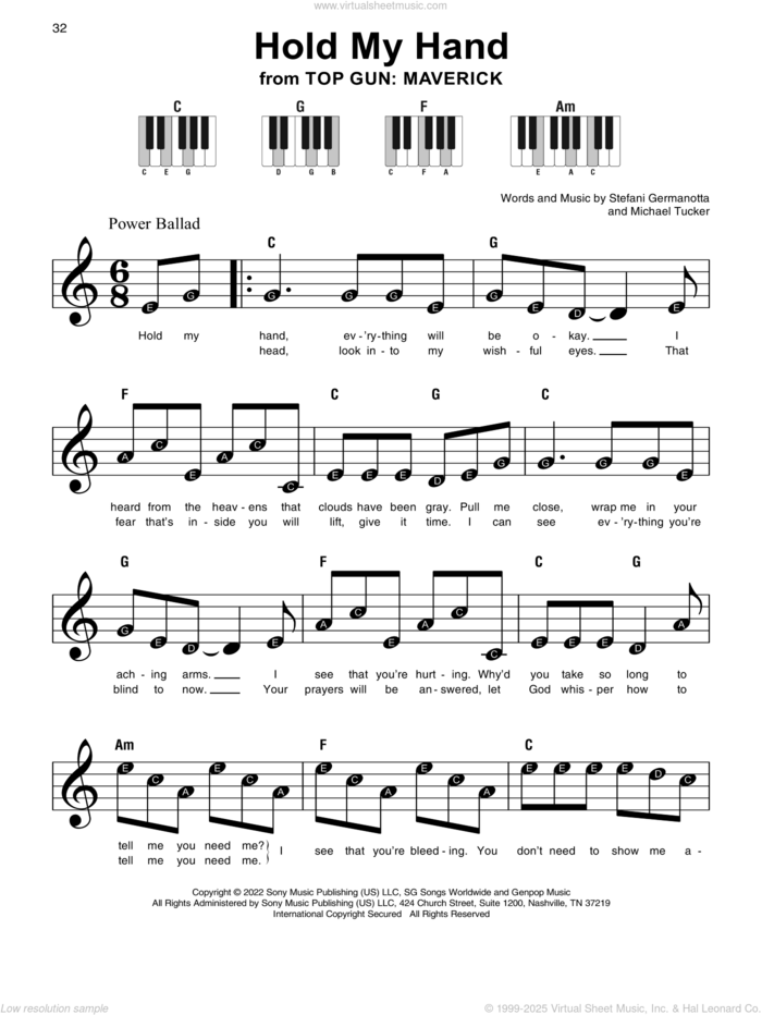 Hold My Hand (from Top Gun: Maverick), (beginner) (from Top Gun: Maverick) sheet music for piano solo by Lady Gaga and Michael Tucker p/k/a BloodPop, beginner skill level