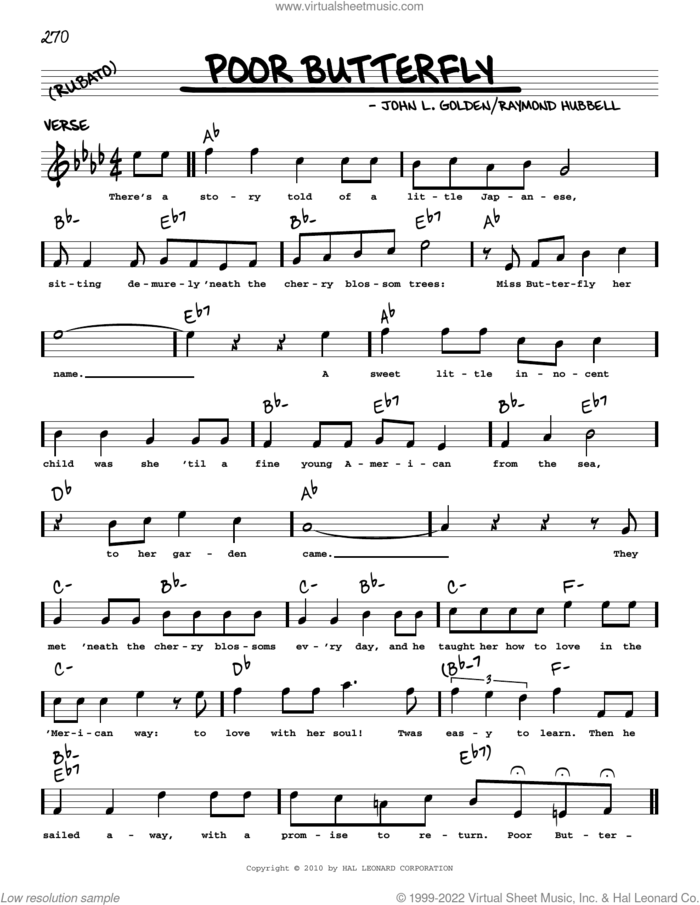 Poor Butterfly (arr. Robert Rawlins) sheet music for voice and other instruments (real book with lyrics) by John L. Golden, Robert Rawlins and Raymond Hubbell, intermediate skill level