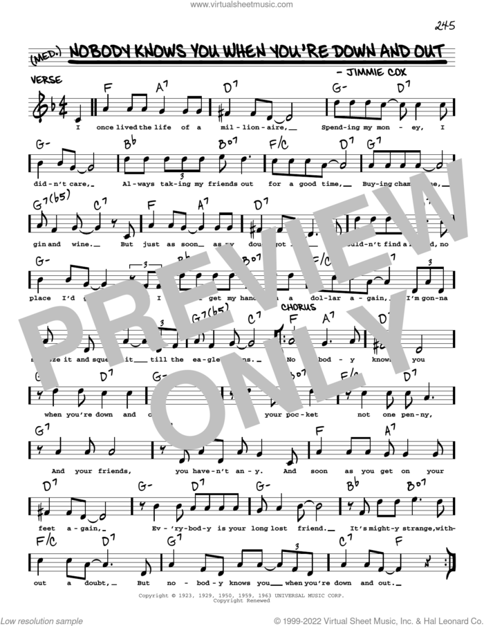 Nobody Knows You When You're Down And Out (arr. Robert Rawlins) sheet music for voice and other instruments (real book with lyrics) by Eric Clapton, Robert Rawlins and Jimmie Cox, intermediate skill level