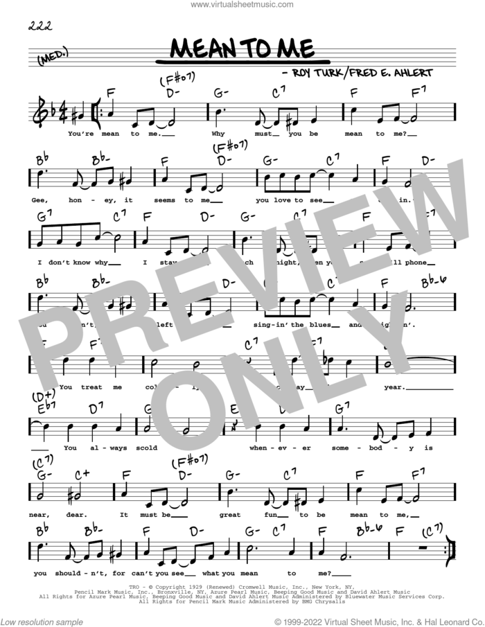 Mean To Me (arr. Robert Rawlins) sheet music for voice and other instruments (real book with lyrics) by Fred Ahlert, Robert Rawlins and Roy Turk, intermediate skill level