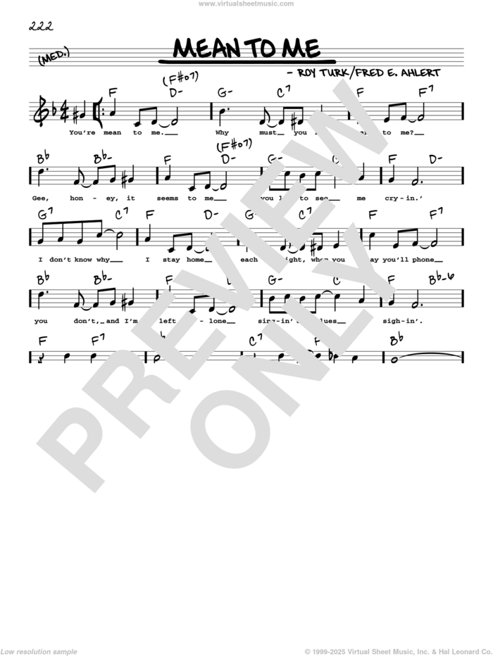 Mean To Me (arr. Robert Rawlins) sheet music for voice and other instruments (real book with lyrics) by Fred Ahlert, Robert Rawlins and Roy Turk, intermediate skill level