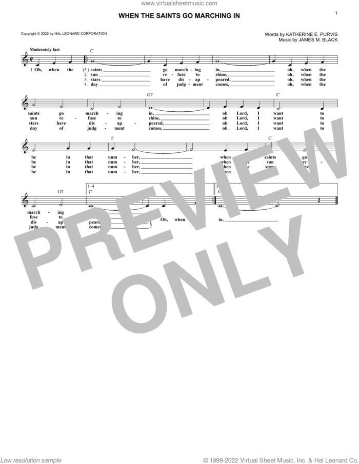 When The Saints Go Marching In sheet music for voice and other instruments (fake book) by Louis Armstrong, James M. Black and Katherine E. Purvis, intermediate skill level