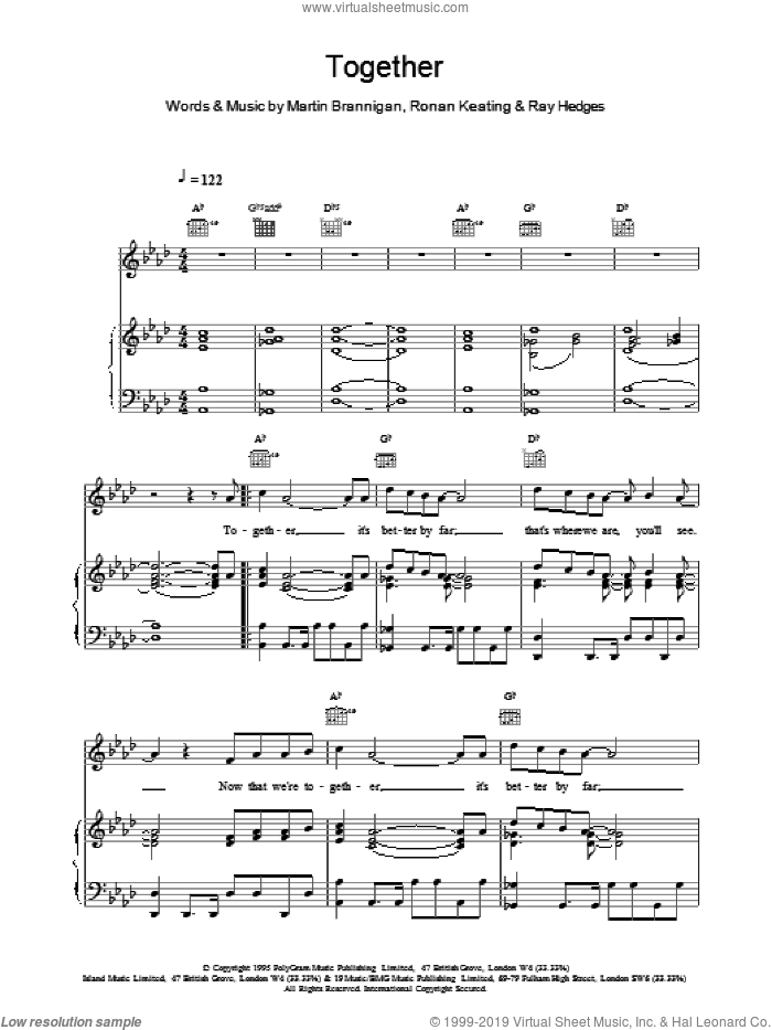 Together sheet music for voice, piano or guitar by Boyzone, intermediate skill level