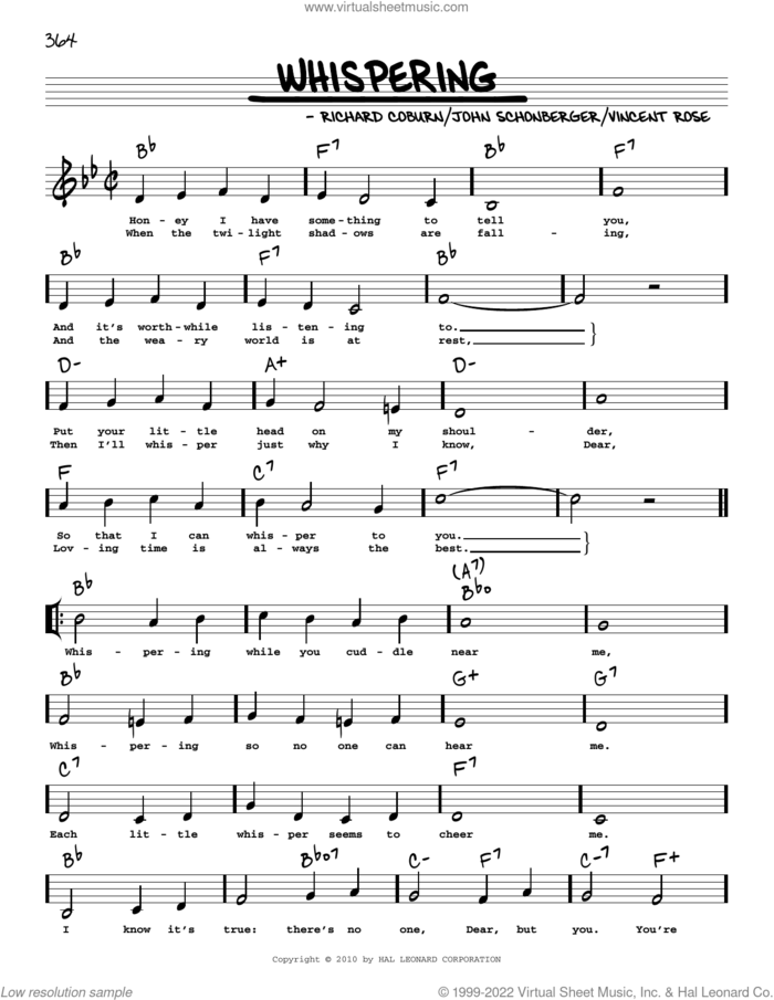 Whispering (arr. Robert Rawlins) sheet music for voice and other instruments (real book with lyrics) by John Schonberger, Robert Rawlins, Richard Coburn and Vincent Rose, intermediate skill level