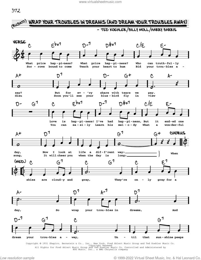 Wrap Your Troubles In Dreams (And Dream Your Troubles Away) (arr. Robert Rawlins) sheet music for voice and other instruments (real book with lyrics) by Billy Moll, Robert Rawlins, Harry Barris and Ted Koehler, intermediate skill level