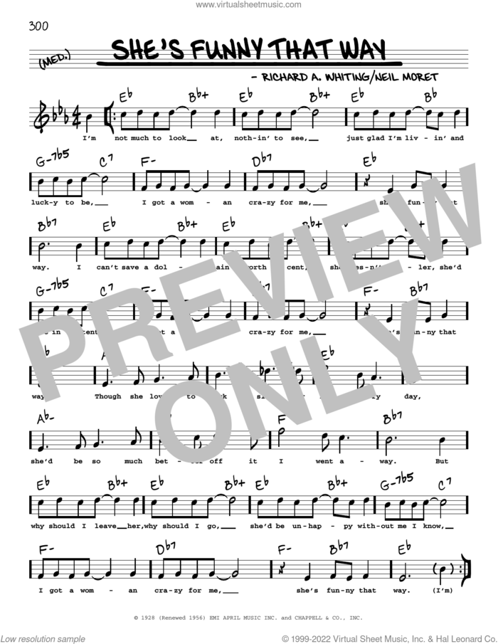 She's Funny That Way (arr. Robert Rawlins) sheet music for voice and other instruments (real book with lyrics) by Billie Holiday, Robert Rawlins, Willie Nelson, Neil Moret and Richard A. Whiting, intermediate skill level