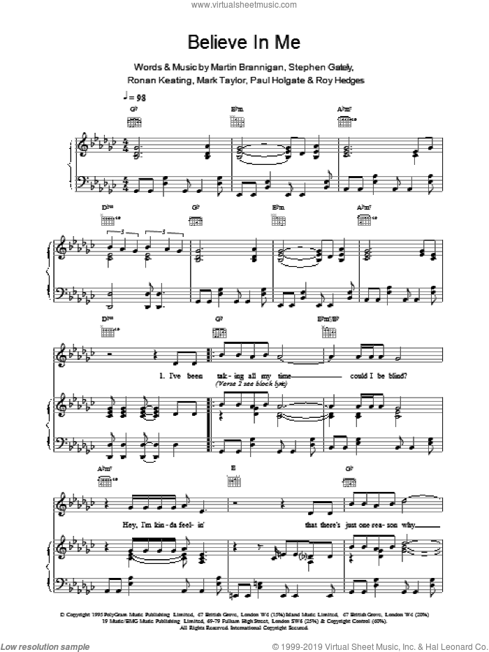 Believe In Me sheet music for voice, piano or guitar by Boyzone, intermediate skill level