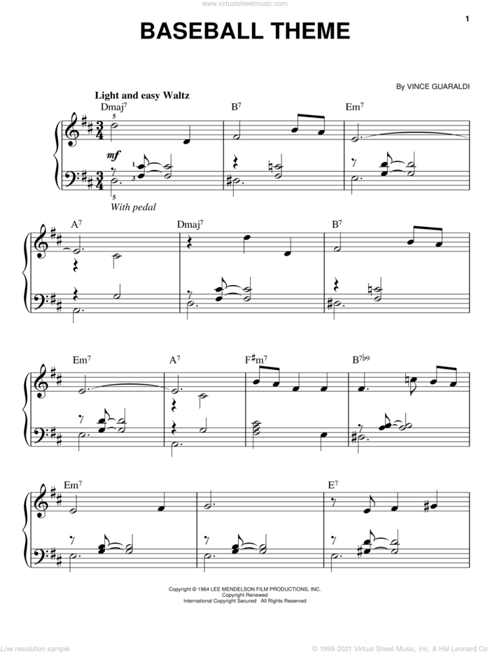 Baseball Theme sheet music for piano solo by Vince Guaraldi, easy skill level