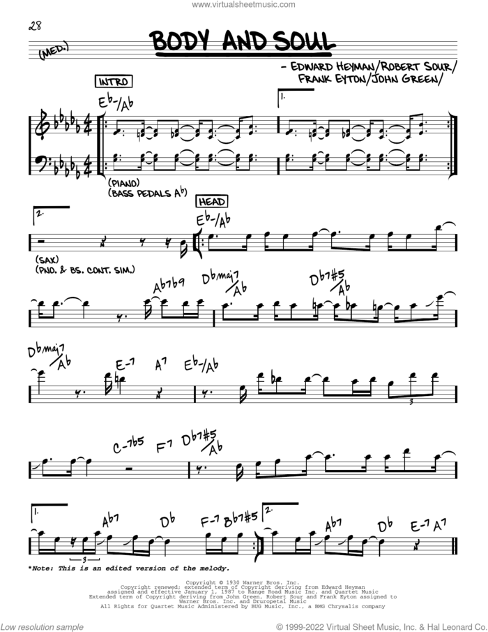 Body And Soul sheet music for voice and other instruments (real book) by John Coltrane, Edward Heyman, Frank Eyton, Johnny Green and Robert Sour, intermediate skill level