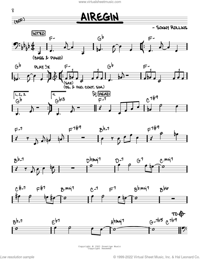 Airegin sheet music for voice and other instruments (real book) by John Coltrane and Sonny Rollins, intermediate skill level