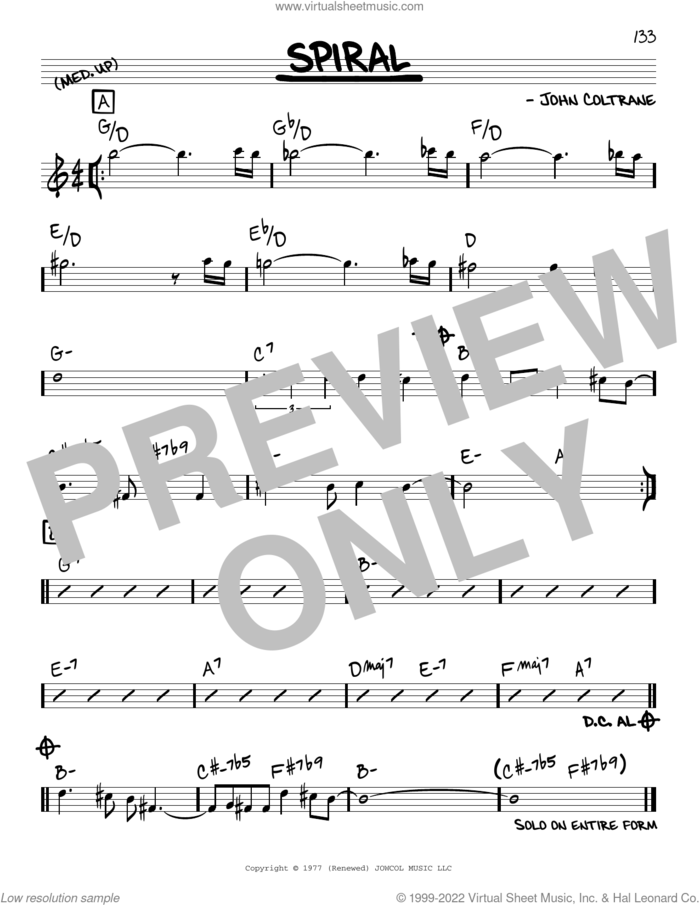 Spiral sheet music for voice and other instruments (real book) by John Coltrane, intermediate skill level