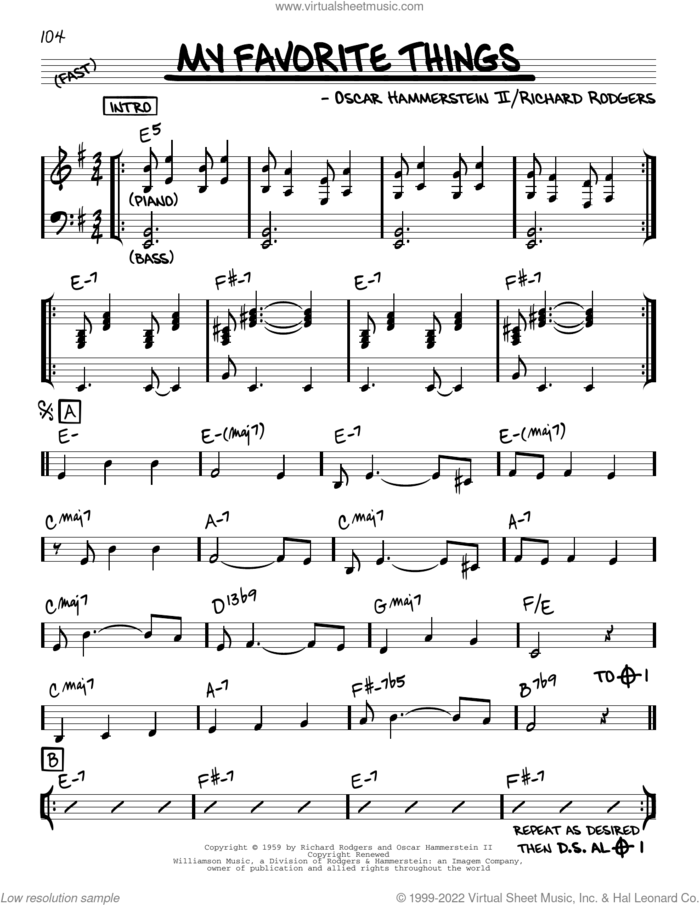 My Favorite Things sheet music for voice and other instruments (real book) by John Coltrane, Oscar II Hammerstein and Richard Rodgers, intermediate skill level