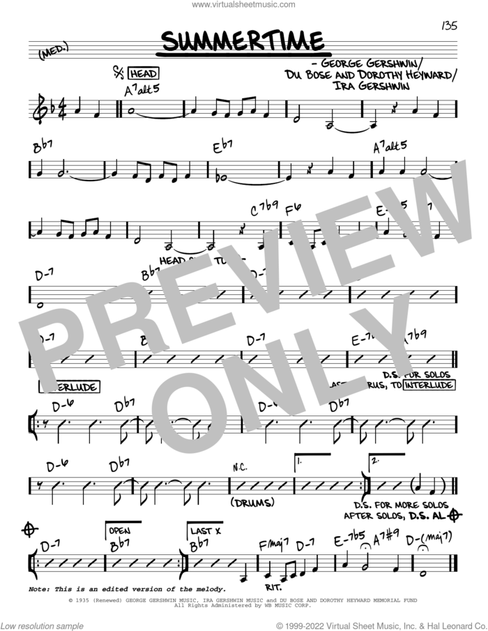 Summertime sheet music for voice and other instruments (real book) by John Coltrane, Dorothy Heyward, DuBose Heyward, George Gershwin and Ira Gershwin, intermediate skill level