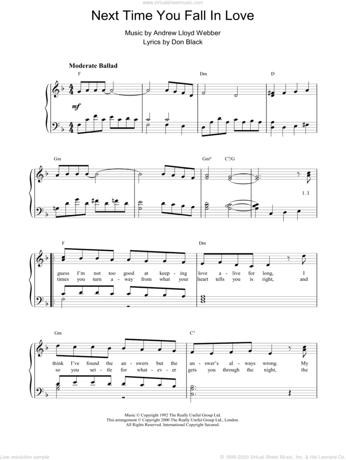 Next Time You Fall In Love sheet music for piano solo by Andrew Lloyd Webber, intermediate skill level