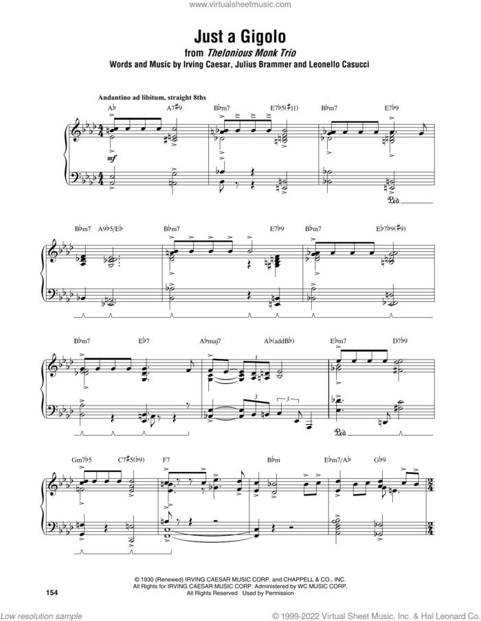 Just A Gigolo sheet music for piano solo (transcription) by Thelonious Monk, Louis Armstrong, Irving Caesar, Julius Brammer and Leonello Casucci, intermediate piano (transcription)
