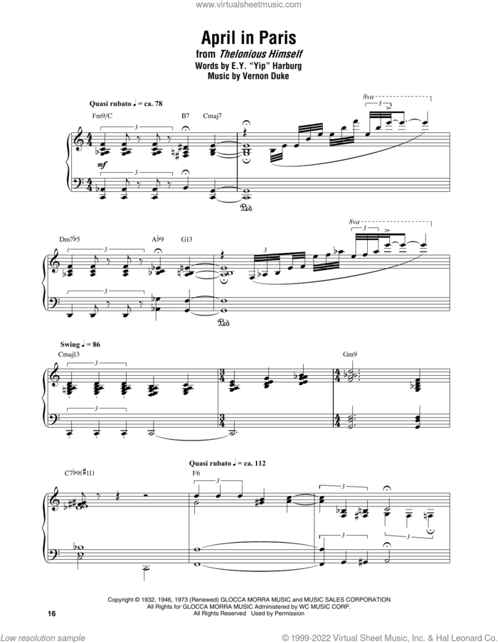 April In Paris sheet music for piano solo (transcription) by Thelonious Monk, Coleman Hawkins, Count Basie, Modernaires, E.Y. Harburg and Vernon Duke, intermediate piano (transcription)