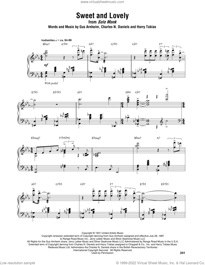 Sweet And Lovely sheet music for piano solo (transcription) by Thelonious Monk, Charles N. Daniels, Gus Arnheim and Harry Tobias, intermediate piano (transcription)
