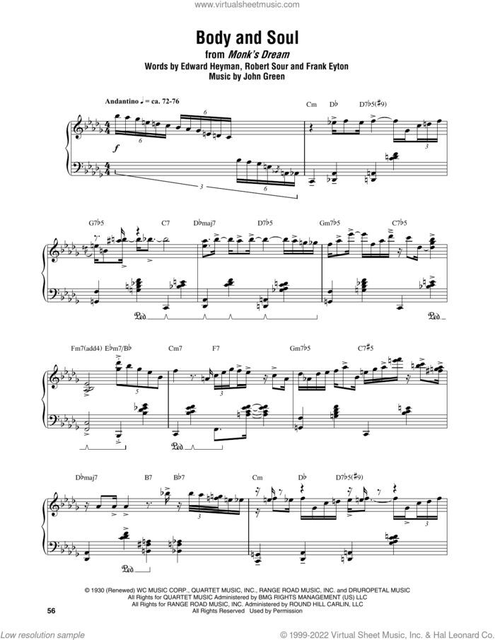 Body And Soul sheet music for piano solo (transcription) by Thelonious Monk, Edward Heyman, Frank Eyton, Johnny Green and Robert Sour, intermediate piano (transcription)