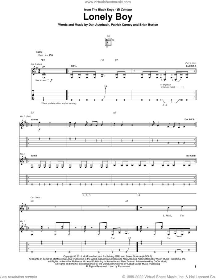 Lonely Boy sheet music for guitar (tablature) by The Black Keys, Brian Burton, Daniel Auerbach and Patrick Carney, intermediate skill level