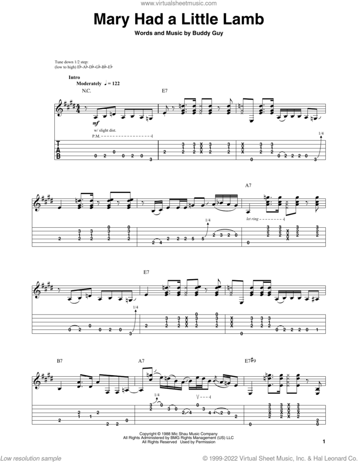 Mary Had A Little Lamb sheet music for guitar (tablature, play-along) by Stevie Ray Vaughan and Buddy Guy, intermediate skill level
