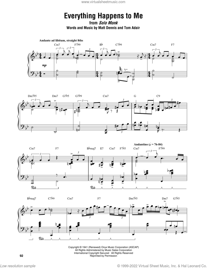 Everything Happens To Me sheet music for piano solo (transcription) by Thelonious Monk, Matt Dennis and Tom Adair, intermediate piano (transcription)