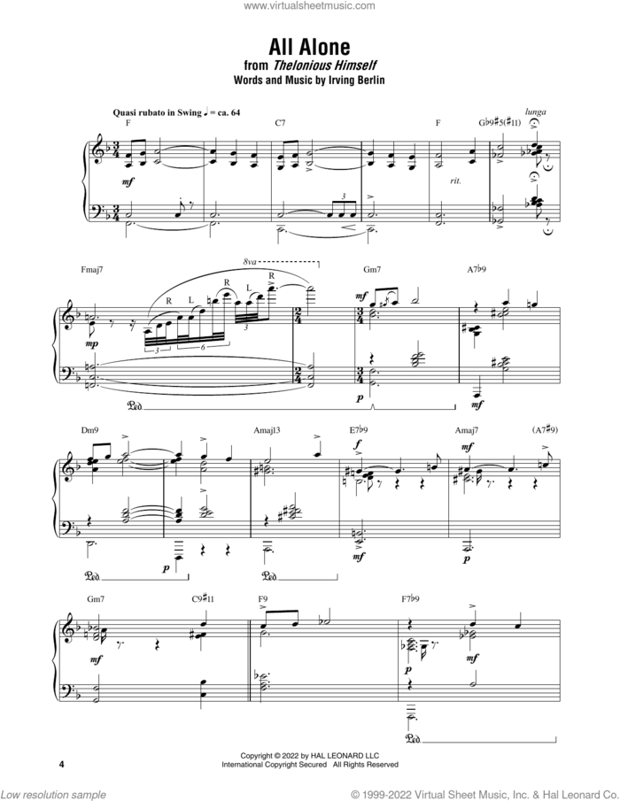 All Alone sheet music for piano solo (transcription) by Thelonious Monk and Irving Berlin, intermediate piano (transcription)