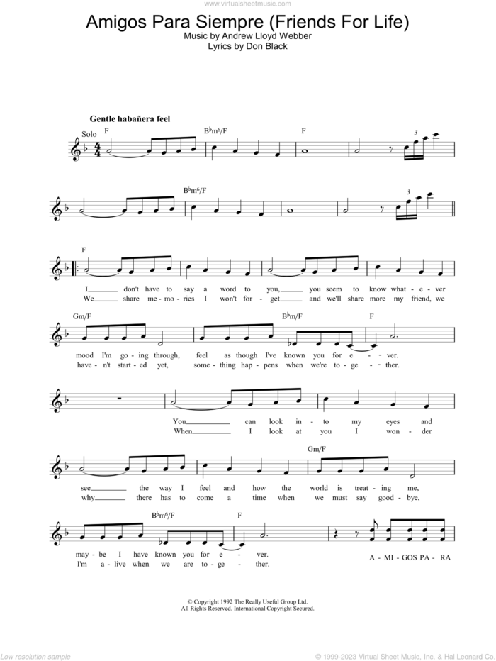 Amigos Para Siempre (Friends For Life) sheet music for voice and other instruments (fake book) by Andrew Lloyd Webber and Don Black, intermediate skill level