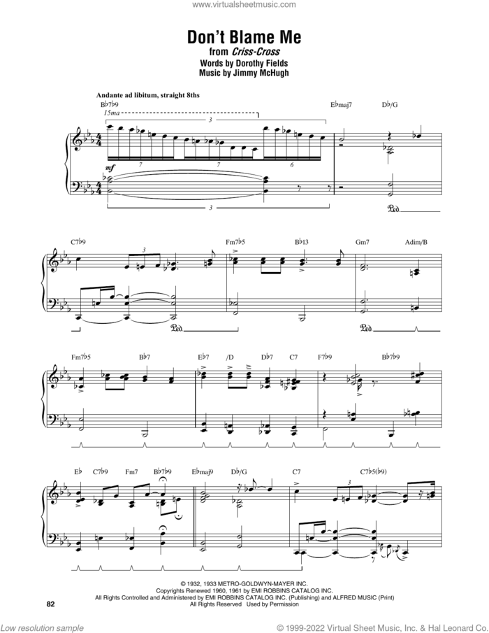 Don't Blame Me sheet music for piano solo (transcription) by Thelonious Monk, Dorothy Fields and Jimmy McHugh, intermediate piano (transcription)