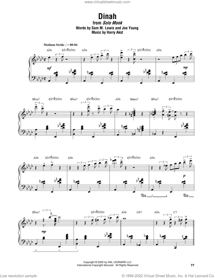 Dinah sheet music for piano solo (transcription) by Thelonious Monk, Harry Akst, Joe Young and Sam Lewis, intermediate piano (transcription)