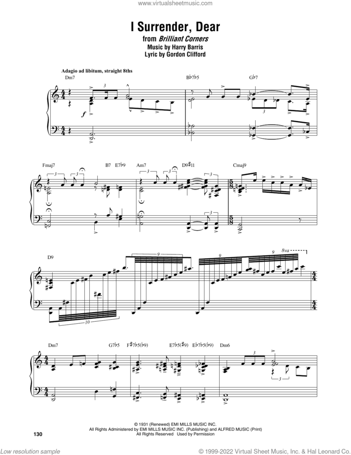 I Surrender, Dear sheet music for piano solo (transcription) by Thelonious Monk, Gordon Clifford and Harry Barris, intermediate piano (transcription)