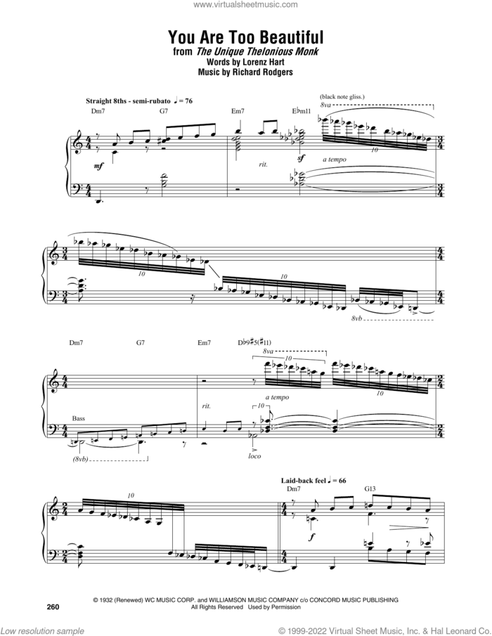 You Are Too Beautiful sheet music for piano solo (transcription) by Thelonious Monk, Lorenz Hart and Richard Rodgers, intermediate piano (transcription)