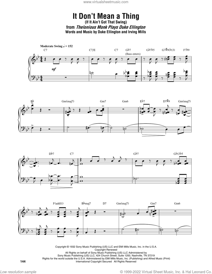 It Don't Mean A Thing (If It Ain't Got That Swing) sheet music for piano solo (transcription) by Thelonious Monk, Duke Ellington and Irving Mills, intermediate piano (transcription)