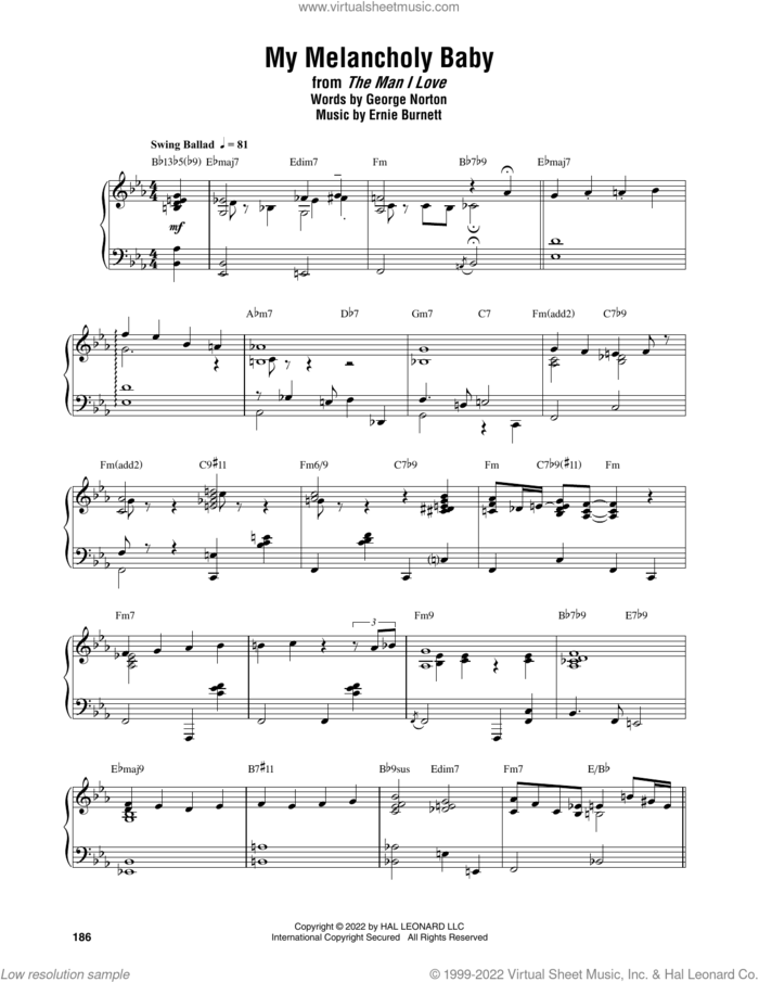 My Melancholy Baby sheet music for piano solo (transcription) by Thelonious Monk, Ernie Burnett and George A. Norton, intermediate piano (transcription)