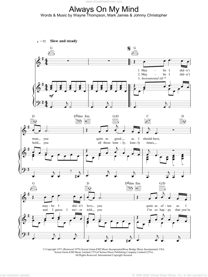 Always On My Mind sheet music for voice, piano or guitar by Elvis Presley, intermediate skill level