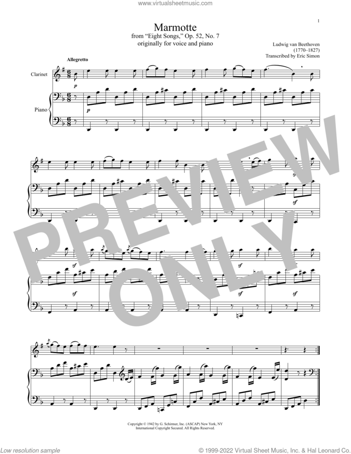 Marmotte, Op. 52, No. 7 sheet music for clarinet and piano by Ludwig van Beethoven, classical score, intermediate skill level